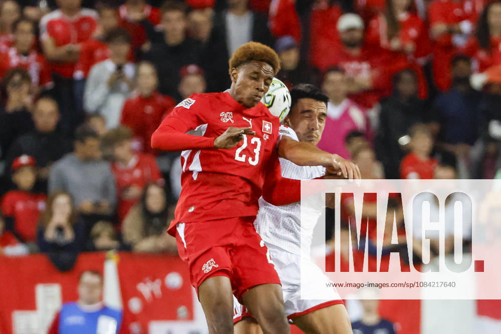 Alvyn Sanches of Switzerland, 23, and Tihomir Kostadinov of North Macedonia, 18, in a header duel; Switzerland, UEFA Nations League, Matchday 4, Switzerland vs. North Macedonia, October 6, 2026, Swissporarena, Lucerne, Switzerland