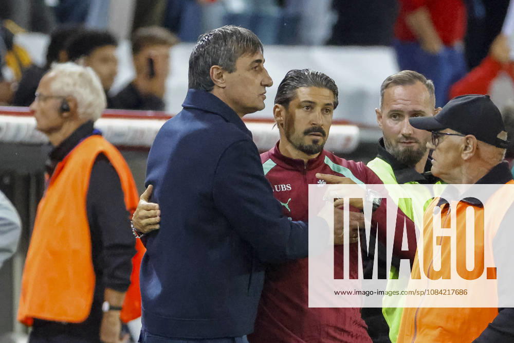 Goce Sedloski (North Macedonia), head coach, and Giorgio Contini (Switzerland), assistant coach, after the game; Switzerland; UEFA; Nations League; Matchday 4; Switzerland vs. North Macedonia; October 6, 2026; Lucerne, Swissporarena, Switzerland