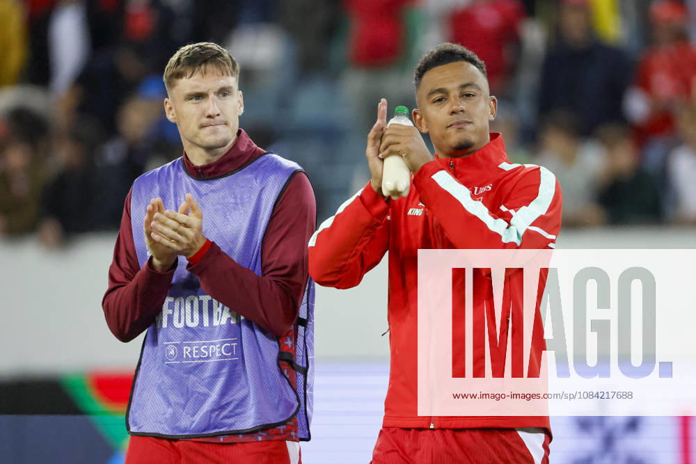 Michel Aebischer (Switzerland), 20, and Dan Ndoye (Switzerland), 11, after the game; Switzerland, UEFA, Nations League, Matchday 4, Switzerland vs. North Macedonia, October 6, 2026, Lucerne Swissporarena, Switzerland