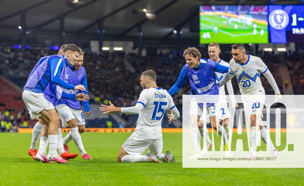 6th October 2026; Hampden Park, Glasgow, Scotland; UEFA Nations League Football, Scotland versus Slovenia; Danijel Sturm of Slovenia celebrates after he shoots and scores in the 71st minute to make it 2-1 to Slovenia VagelisxGeorgariou