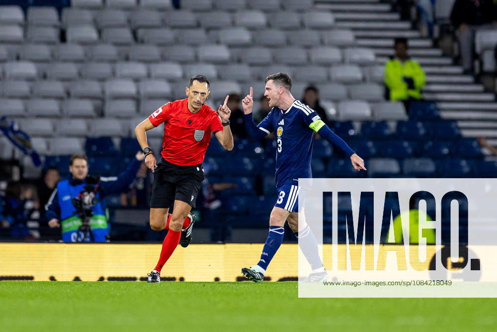 6th October 2026; Hampden Park, Glasgow, Scotland; UEFA Nations League Football, Scotland versus Slovenia; Andy Robertson of Scotland speaks to Referee Jose Maria Sanchez after a decision goes against Scotland VagelisxGeorgariou