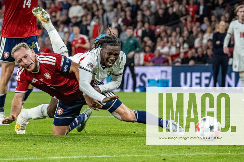 UEFA Nations League, England vs. Czech Republic: Eberechi Eze of England is fouled by Vladimir Coufal of the Czech Republic in the penalty area, but the referee—Serdar Gözübüyük from the Netherlands—does not award a penalty kick. Referee: London