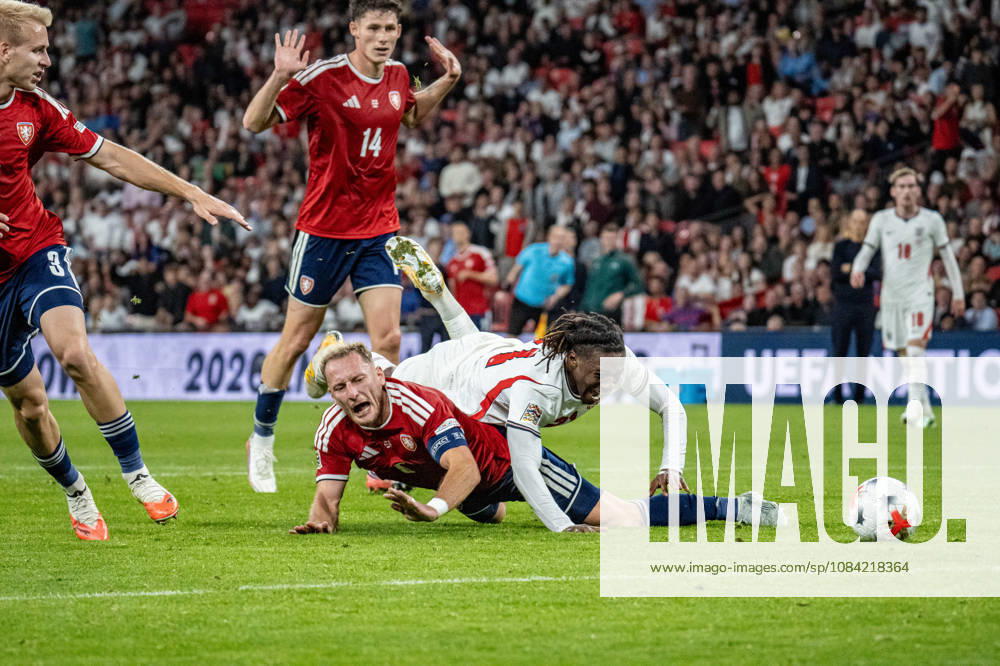 UEFA Nations League, England vs. Czech Republic: Eberechi Eze of England is fouled by Vladimir Coufal of the Czech Republic in the penalty area, but the referee—Serdar Gözübüyük from the Netherlands—does not award a penalty kick. Referee: London