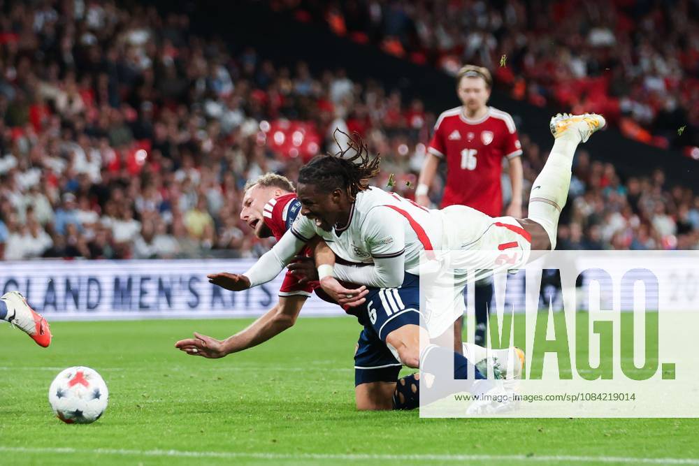Eberechi Eze of England goes down inside the penalty area after battling for possession with Vladimir Coufal of Czechia England v Czechia, UEFA Nations League, Football, Wembley Stadium, London, UK - 06 Oct 2026London Wembley Stadium United Kingdom