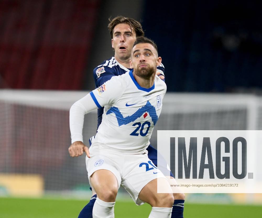 UK: Scotland v Slovenia, UEFA Nations League at Barclays Hampden, Glasgow, Scotland on 06 October 2026: Pictured: Luis Binks (Scotland) and Aljosa Matko (Slovenia) Glasgow Barclays Hampden Scotland
