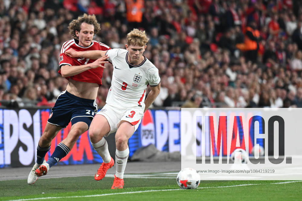Lewis Hall of England and Alex Kral of Czechia challenge for the ball during the Nations League match between England and Czechia at Wembley Stadium, London, England on 6 October 2026.
