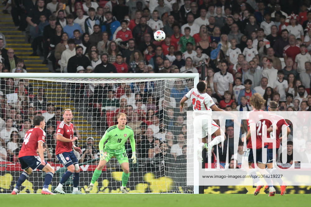 Jude Bellingham of England rises in vain to the high crossed ball during the Nations League match between England and Czechia at Wembley Stadium, London, England on 6 October 2026.