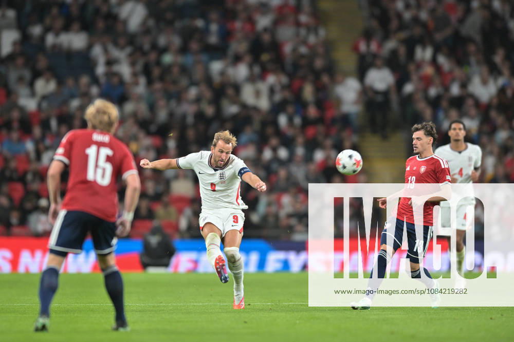 Harry Kane of England prepares to drive the ball into the goalmouth during the Nations League match between England and Czechia at Wembley Stadium, London, England on 6 October 2026.