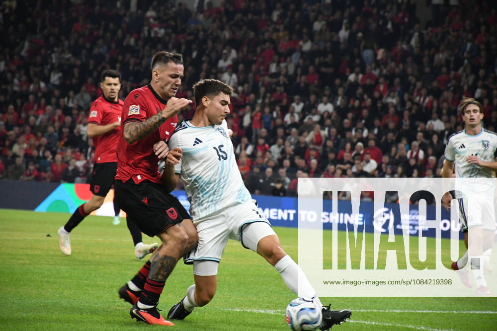 Albania v San Marino - UEFA Nations League TIRANA, ALBANIA - OCTOBER 6: Marco Pasolini (15) of San Marino in action against Rey Manaj (L) of Albania during the UEFA Nations League C Group 1 match between Albania and San Marino at Air Albania Stadium in Tirana, Albania, on October 6, 2026. Olsi Shehu Anadolu Tirana Albania. Editorial use only. Please get in touch for any other usage.