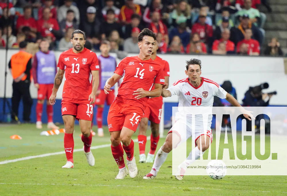 Lucerne, Switzerland, Thermoplan Arena, Men s Soccer, 2026–2027 Season, Nations League, Switzerland vs. North Macedonia, 3–0, Photo: Ardon Jashari (SUI) vs. Dimitar Mitrovski (NMK), Action: Tackle