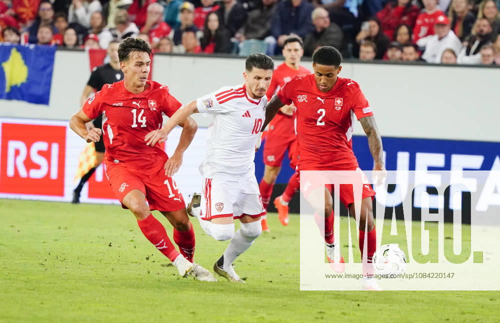 Lucerne, Switzerland, Thermoplan Arena, Men s Soccer, 2026–2027 Season, Nations League, Switzerland vs. North Macedonia, 3–0, Photo 14: Ardon Jashari and Sascha Britschgi (SUI) vs. Enis Bardhi (NMK), SUI, Action, Tackle