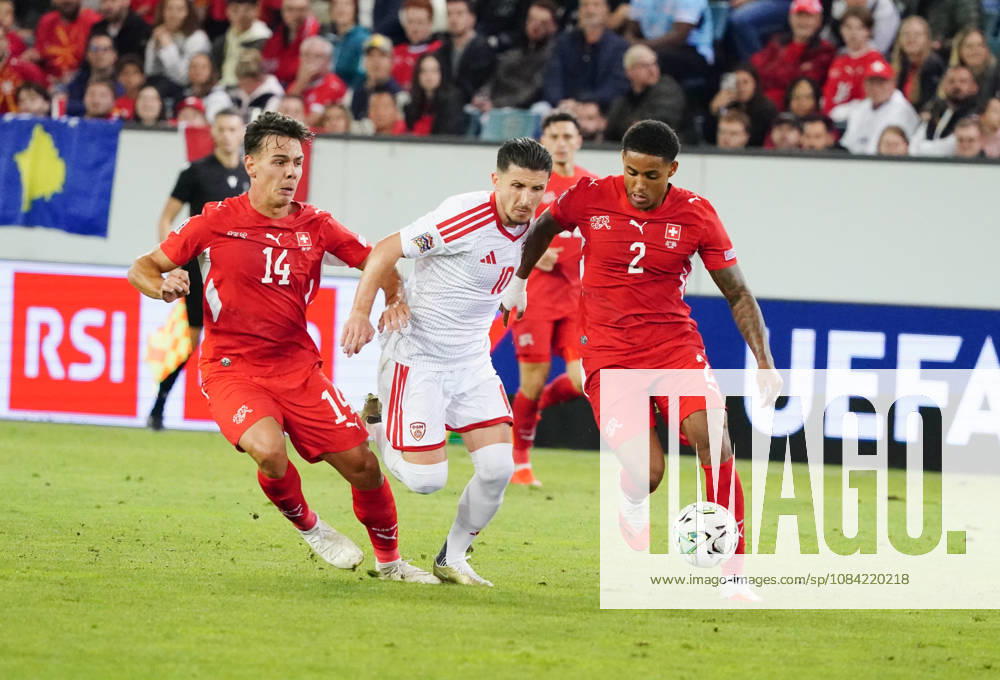 Lucerne, Switzerland, Thermoplan Arena, Men s Soccer, 2026–2027 Season, Nations League, Switzerland vs. North Macedonia, 3–0, Photo 14: Ardon Jashari and Sascha Britschgi (SUI) vs. Enis Bardhi (NMK), SUI, Action, Tackle