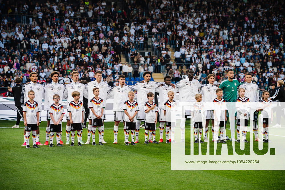U21 European Championship Qualifier: Germany vs. Georgia, October 6, 2026; Germany during the national anthem: Paris Brunner (Germany), 19; Noah Darvich (Germany), 17; Aljoscha Kemlein (Germany), 16; Dženan Pejcinovic, Germany, 11, Nnamdi Collins, Germany, 20, Noel Aseko, Germany, 8, Joshua Quarshie, Germany, 5, Lukas Ullrich, Germany, 3, Elias Baum, Germany, 2, Mio Backhaus, Germany, 1, Nicolò Tresoldi Germany, 9 Soccer, U-21 European Championship Qualifiers, Matchday 10: Germany vs. Georgia on October 6, 2026, Bielefeld DFB REGULATIONS PROHIBIT ANY USE OF PHOTOGRAPHS AS IMAGE SEQUENCES AND OR QUASI-VIDEO