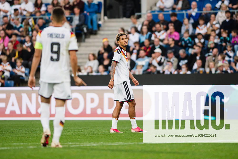 U-21 European Championship Qualifier: Germany vs. Georgia, October 6, 2026; Paris Brunner (Germany), 19, watching; Nicolò Tresoldi (Germany), 9; Soccer; U-21 European Championship Qualifier, Matchday 10: Germany vs. Georgia on October 6, 2026; Bielefeld DFB REGULATIONS PROHIBIT ANY USE OF PHOTOGRAPHS AS IMAGE SEQUENCES AND OR QUASI-VIDEO