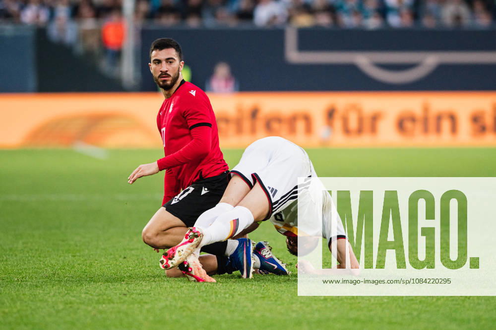 U-21 European Championship Qualifier: Germany vs. Georgia, October 6, 2026, Akaki Giunashvili (Georgia), 17, Nicolò Tresoldi (Germany), 9, Soccer, U-21 European Championship Qualifiers, Matchday 10: Germany vs. Georgia on October 6, 2026, Bielefeld DFB REGULATIONS PROHIBIT ANY USE OF PHOTOGRAPHS AS IMAGE SEQUENCES AND OR QUASI-VIDEO
