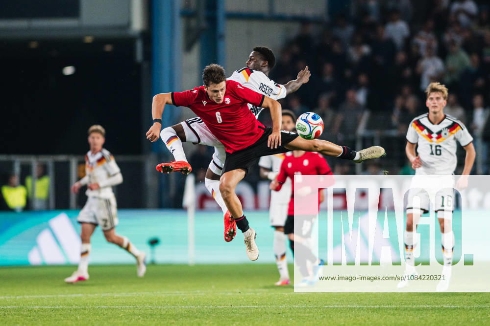 U-21 European Championship Qualifier: Germany vs. Georgia, October 6, 2026, Aerial duel: Noel Aseko (Germany), 8, Dachi Lordkipanidze (Georgia), 6, Soccer, U-21 European Championship Qualifiers, Matchday 10: Germany vs. Georgia on October 6, 2026, Bielefeld DFB REGULATIONS PROHIBIT ANY USE OF PHOTOGRAPHS AS IMAGE SEQUENCES AND OR QUASI-VIDEO