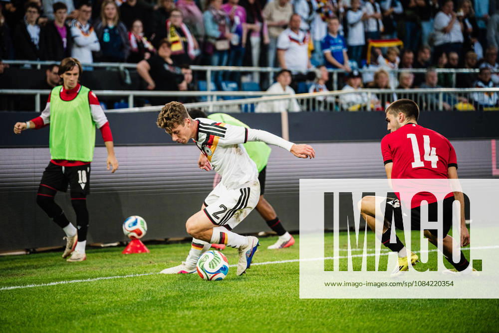 U-21 European Championship Qualifier: Germany vs. Georgia, October 6, 2026; Elias Baum (Germany, 2) vs. Aleko Basiladze (Georgia, 14); Soccer; U-21 European Championship Qualifier; Matchday 10: Germany vs. Georgia on October 6, 2026; Bielefeld DFB REGULATIONS PROHIBIT ANY USE OF PHOTOGRAPHS AS IMAGE SEQUENCES AND OR QUASI-VIDEO