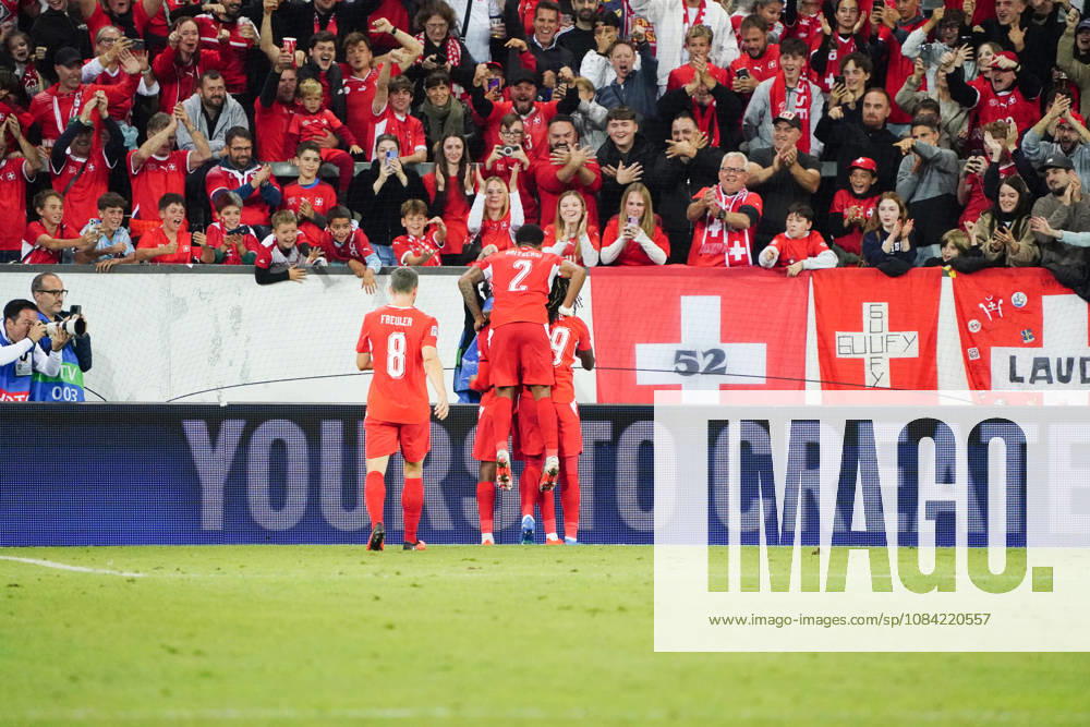 Lucerne, Switzerland, Thermoplan Arena, Men s Soccer, 2026–2027 Season, Nations League, Switzerland vs. North Macedonia, 3–0, Photo: Switzerland celebrating a goal, SUI, Action: Tackle