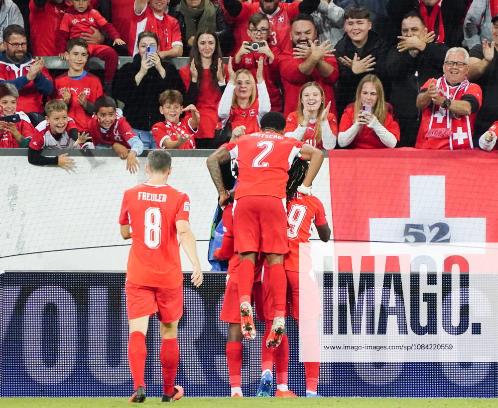 Lucerne, Switzerland, Thermoplan Arena, Men s Soccer, 2026–2027 Season, Nations League, Switzerland vs. North Macedonia, 3–0, Photo: Switzerland celebrating a goal (SUI), Action shot: Spectators in the upper deck celebrating with the double-headed eagle