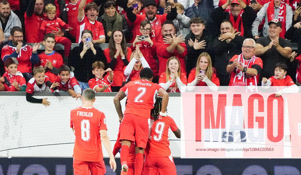 Lucerne, Switzerland, Thermoplan Arena, Men s Soccer, 2026–2027 Season, Nations League, Switzerland vs. North Macedonia, 3–0, Photo: Switzerland celebrating a goal (SUI), Action shot: Spectators in the upper stands celebrating with the double-headed eagle