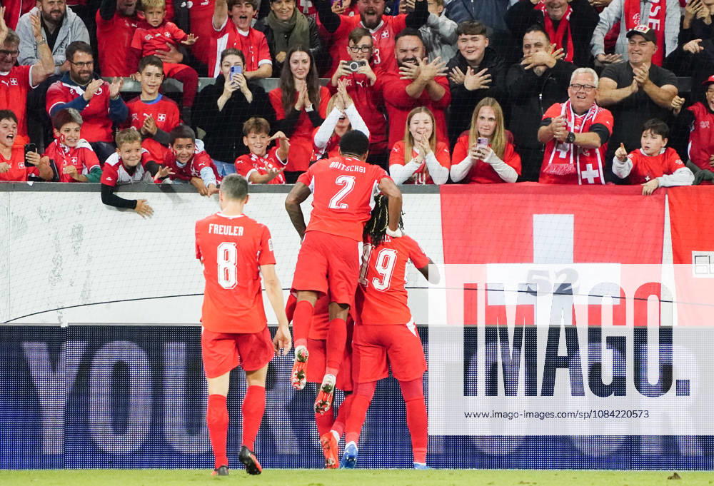 Lucerne, Switzerland, Thermoplan Arena, Men s Soccer, 2026–2027 Season, Nations League, Switzerland vs. North Macedonia, 3–0, Photo: Switzerland celebrating a goal (SUI), Action shot: Spectators in the upper deck celebrating with the double-headed eagle