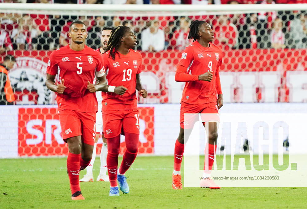 Lucerne, Switzerland, Thermoplan Arena, Men s Soccer, 2026–2027 Season, Nations League, Switzerland vs. North Macedonia, 3–0, Photo: Goal celebration by Manuel Akanji and Winsley Boteli; Goal scorers: Johan Manzambi; all SUI