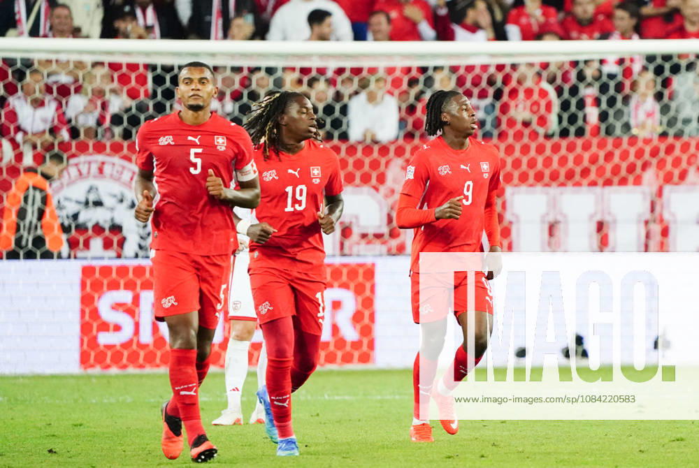 Lucerne, Switzerland, Thermoplan Arena, Men s Soccer, 2026–2027 Season, Nations League, Switzerland vs. North Macedonia, 3–0, Photo: Goal celebration by Manuel Akanji and Winsley Boteli; Goal scorers: Johan Manzambi; all SUI