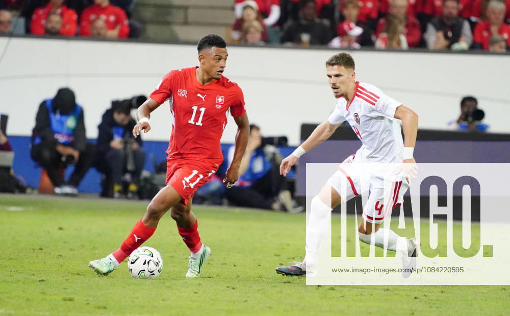 Lucerne, Switzerland, Thermoplan Arena, Men s Soccer, 2026–2027 Season, Nations League, Switzerland vs. North Macedonia, 3–0, Photo: Dan Ndoye (SUI) vs. Andrei Stojchevski (NMK), Action: Tackle