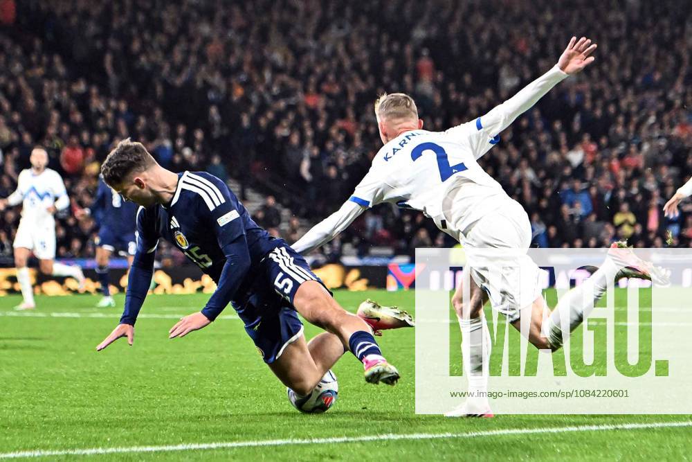 Scotland v Slovenia UEFA Nations League Josh McPake of Scotland is brought down by Zan Karnicnik of Slovenia inside the box during the UEFA Nations League match at Barclays Hampden, Glasgow 06 10 2026 UK Newspapers OUT