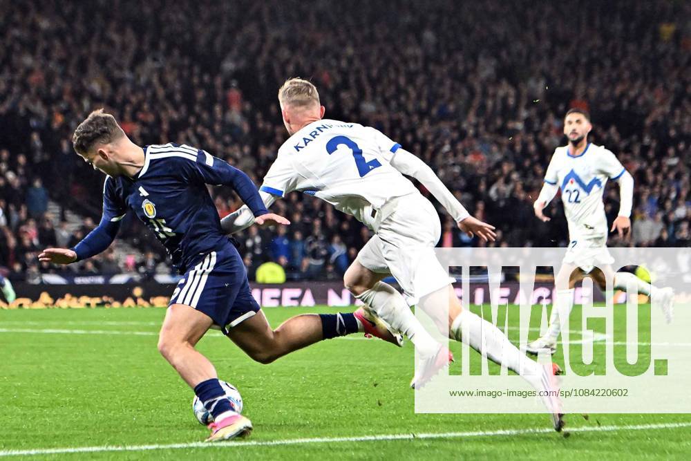 Scotland v Slovenia UEFA Nations League Josh McPake of Scotland is brought down by Zan Karnicnik of Slovenia inside the box during the UEFA Nations League match at Barclays Hampden, Glasgow 06 10 2026 UK Newspapers OUT