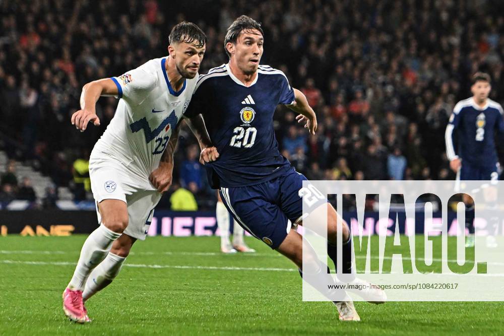 Scotland v Slovenia UEFA Nations League Kieron Bowie of Scotland jostles with David Brekalo of Slovenia during the UEFA Nations League match at Barclays Hampden, Glasgow 06 10 2026 UK Newspapers OUT