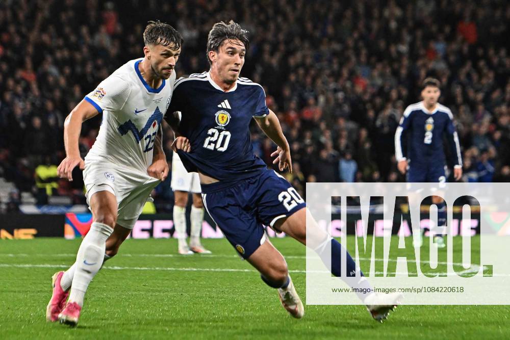 Scotland v Slovenia UEFA Nations League Kieron Bowie of Scotland jostles with David Brekalo of Slovenia during the UEFA Nations League match at Barclays Hampden, Glasgow 06 10 2026 UK Newspapers OUT