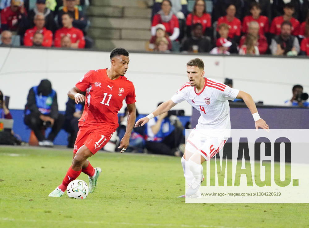Lucerne, Switzerland, Thermoplan Arena, Men s Soccer, 2026–2027 Season, Nations League, Switzerland vs. North Macedonia, 3–0, Photo: Dan Ndoye (SUI) vs. Andrei Stojchevski (NMK), Action: Tackle