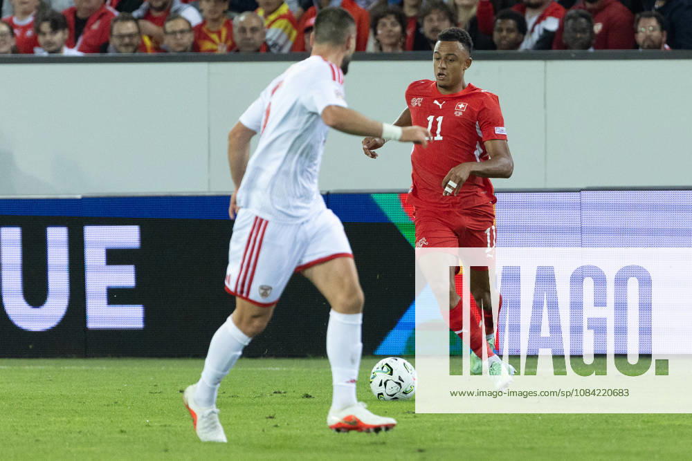 Dan Ndoye seen during National League game between teams of Switzerland and North Macedonia at thermoplan Arena (Benjamin Faes Ball Raw Images) Strasbourg Stade de la Meinau France