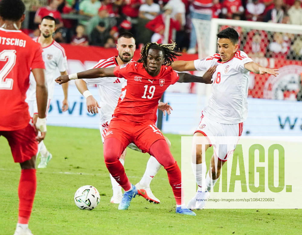 Lucerne, Switzerland, Thermoplan Arena, Men s Soccer, 2026–2027 Season, Nations League, Switzerland vs. North Macedonia, 3–0, Photo: Winsley Boteli (19, SUI) vs. Tihomir Kostadinov (NMK), Action: Tackle