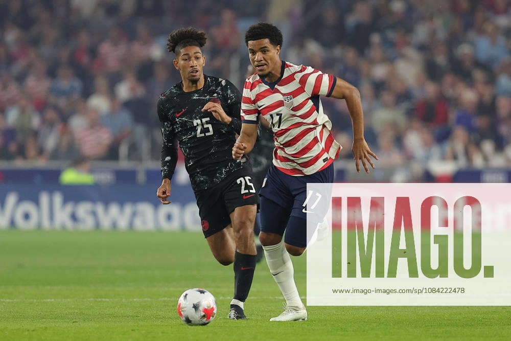 SAINT PAUL, MN - OCTOBER 06: United States forward Malik Tillman (17) runs with the ball while Canada defender Saliba (25) defends during the first half of the mens friendly match between the U.S. national team, Nationalteam and Canadas national team on October 6th, 2026, at Allianz Field in Saint Paul, MN. (Photo by Bailey Hillesheim Icon Sportswire) SOCCER: OCT 06 USA vs Canada Icon20261006001