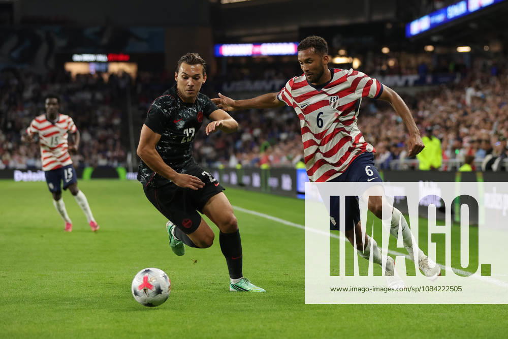 SAINT PAUL, MN - OCTOBER 06: United States Auston Trusty (6) and Canadas Niko Sigur (23) battle for the ball during the first half of the mens friendly match between the U.S. national team, Nationalteam and Canadas national team on October 6th, 2026, at Allianz Field in Saint Paul, MN. (Photo by Bailey Hillesheim Icon Sportswire) SOCCER: OCT 06 USA vs Canada Icon20261006010