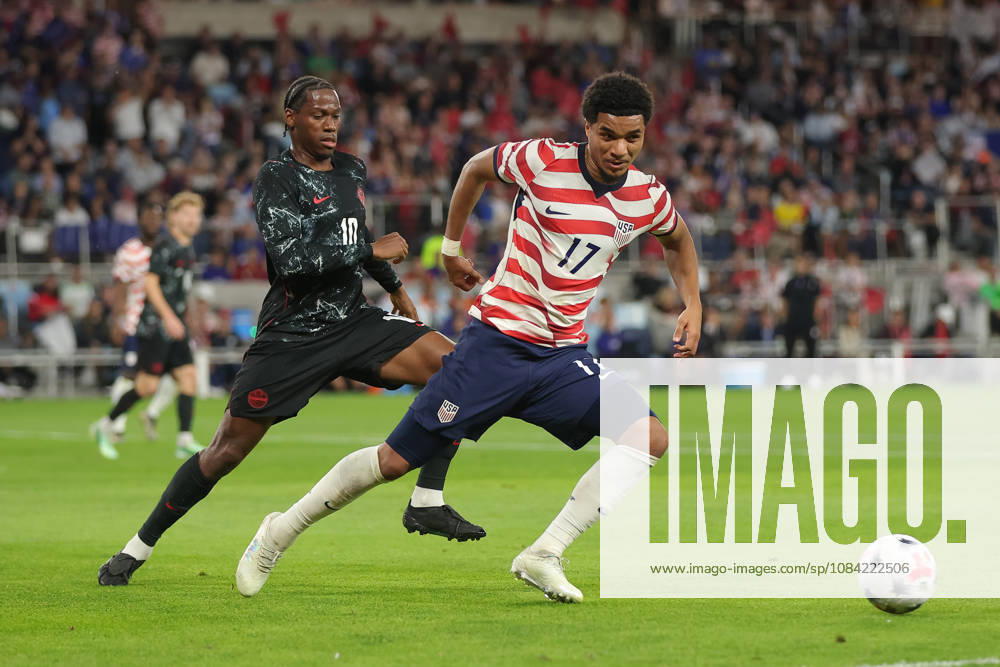 SAINT PAUL, MN - OCTOBER 06: United States Malik Tillman (17) and Canadas Jonathan David (10) battle for the ball during the first half of the mens friendly match between the U.S. national team, Nationalteam and Canadas national team on October 6th, 2026, at Allianz Field in Saint Paul, MN. (Photo by Bailey Hillesheim Icon Sportswire) SOCCER: OCT 06 USA vs Canada Icon20261006011
