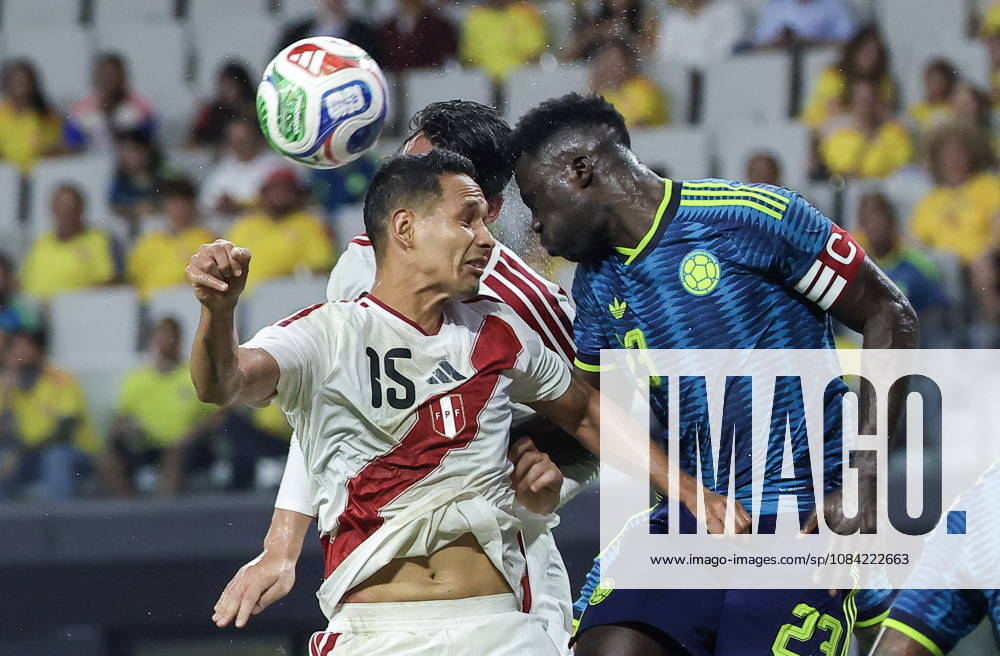 International soccer friendly - Colombia vs. Peru Peru defender Renzo Garces (L) in action against Colombia defender Davinson Sanchez (R) during the international soccer friendly between Colombia and Peru at Nu Stadium in Miami, Florida, USA, 06 October 2026. MIAMI FLORIDA United States