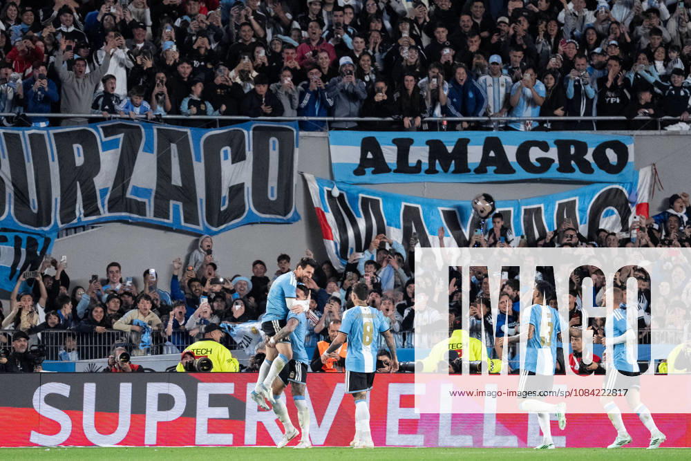 Nicolas Otamendi of Argentina and Lionel Messi of Argentina celebrate the team s first goal during the International Friendly, Länderspiel, Nationalmannschaft football match between Argentina and Benin at Estadio Monumental Antonio V. Liberti on October 06, 2026 in Buenos Aires, Argentina. (Photo by Richard Callis Sports Press Photo)