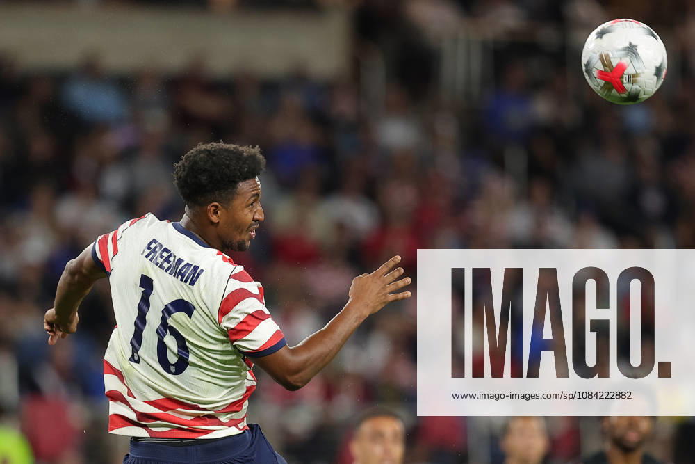 SAINT PAUL, MN - OCTOBER 06: United States Alex Freeman (16) heads the ball during the second half of the mens friendly match between the U.S. national team, Nationalteam and Canadas national team on October 6th, 2026, at Allianz Field in Saint Paul, MN. (Photo by Bailey Hillesheim Icon Sportswire) SOCCER: OCT 06 USA vs Canada Icon20261006012