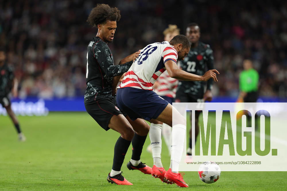SAINT PAUL, MN - OCTOBER 06: Canadas Jonathan Osorio (21) and United States George Campbell (18) battle for the ball during the second half of the mens friendly match between the U.S. national team, Nationalteam and Canadas national team on October 6th, 2026, at Allianz Field in Saint Paul, MN. (Photo by Bailey Hillesheim Icon Sportswire) SOCCER: OCT 06 USA vs Canada Icon20261006019