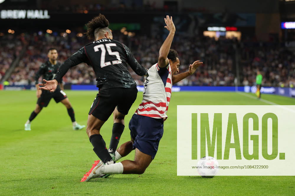 SAINT PAUL, MN - OCTOBER 06: Canadas Nathan Saliba (25) fouls United States Tyler Adams (4) during the second half of the mens friendly match between the U.S. national team, Nationalteam and Canadas national team on October 6th, 2026, at Allianz Field in Saint Paul, MN. (Photo by Bailey Hillesheim Icon Sportswire) SOCCER: OCT 06 USA vs Canada Icon20261006021