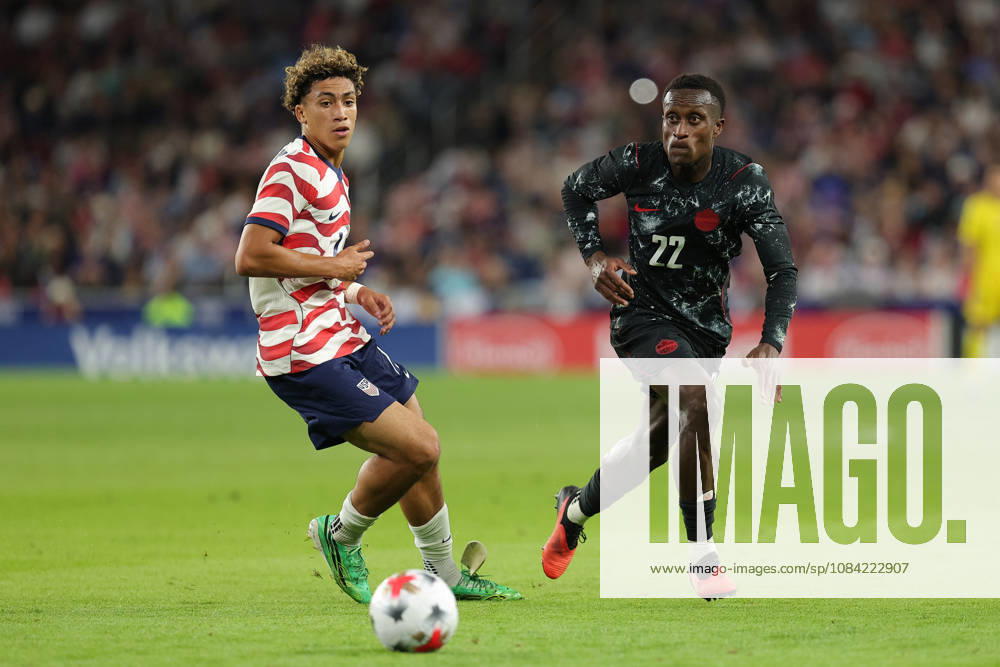 SAINT PAUL, MN - OCTOBER 06: Canadas Richie Laryea (22) and United States Haji Wright (19) run after the ball during the second half of the mens friendly match between the U.S. national team, Nationalteam and Canadas national team on October 6th, 2026, at Allianz Field in Saint Paul, MN. (Photo by Bailey Hillesheim Icon Sportswire) SOCCER: OCT 06 USA vs Canada Icon20261006027