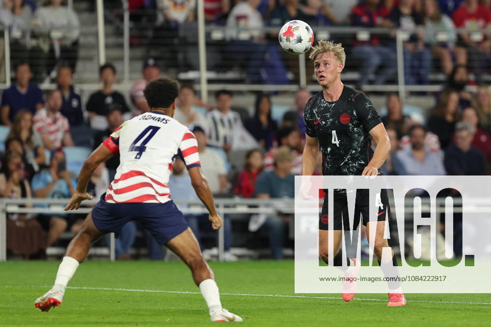 SAINT PAUL, MN - OCTOBER 06: Canada s Luc de Fougerolles (4) heads the ball while United States Tyler Adams (4) defends during the second half of the mens friendly match between the U.S. national team, Nationalteam and Canadas national team on October 6th, 2026, at Allianz Field in Saint Paul, MN. (Photo by Bailey Hillesheim Icon Sportswire) SOCCER: OCT 06 USA vs Canada Icon20261006029