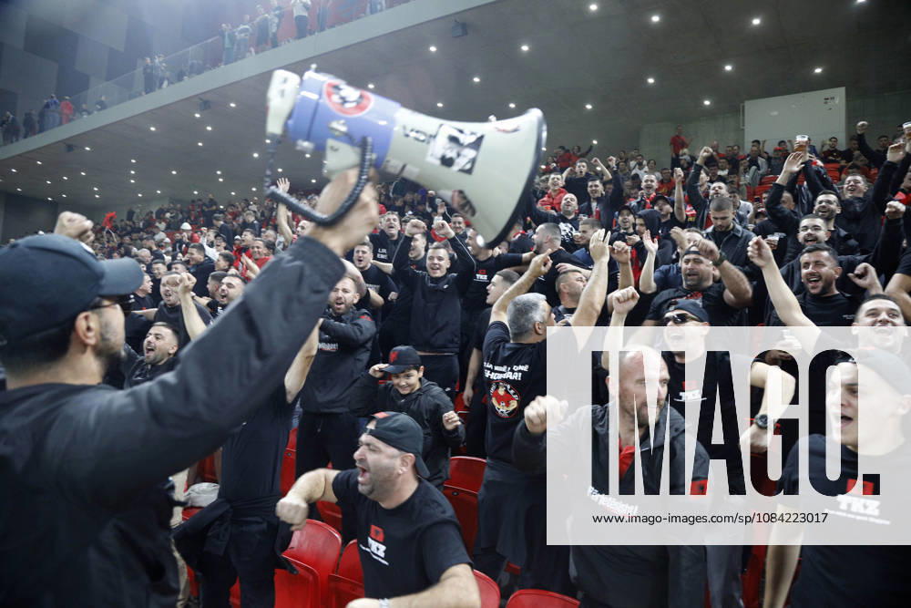 UEFA Nations League Qualifier Albania vs San Marino in Tirana, Albania. Albanian fans cheer prior the UEFA Nations League Group C match between Albania and Belarus at Air Albania Stadium in Tirana, Albania, on October 6, 2026. Light Studio Agency Malton Dibra Tirana Albania