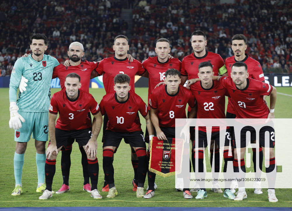 UEFA Nations League Qualifier Albania vs San Marino in Tirana, Albania. Albanian players pose for a photograph prior the UEFA Nations League Group C match between Albania and Belarus at Air Albania Stadium in Tirana, Albania, on October 6, 2026. Light Studio Agency Malton Dibra Tirana Albania