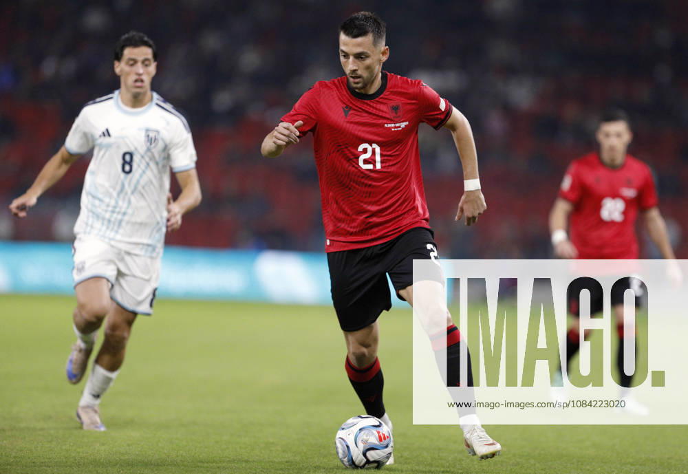 UEFA Nations League Qualifier Albania vs San Marino in Tirana, Albania. Arber Hoxha of Albania (R) fights for the ball with Lorenzo Capicchioni of San Marino (L) during the UEFA Nations League Group C match between Albania and Belarus at Air Albania Stadium in Tirana, Albania, on October 6, 2026. Light Studio Agency Malton Dibra Tirana Albania