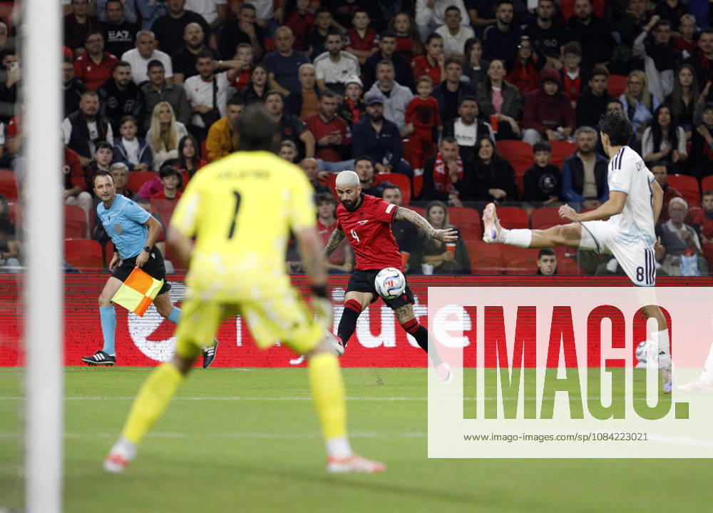 UEFA Nations League Qualifier Albania vs San Marino in Tirana, Albania. Elseid Hysaj of Albania (C) fights for the ball with Lorenzo Capicchioni (R) of San Marino during the UEFA Nations League Group C match between Albania and Belarus at Air Albania Stadium in Tirana, Albania, on October 6, 2026. Light Studio Agency Malton Dibra Tirana Albania