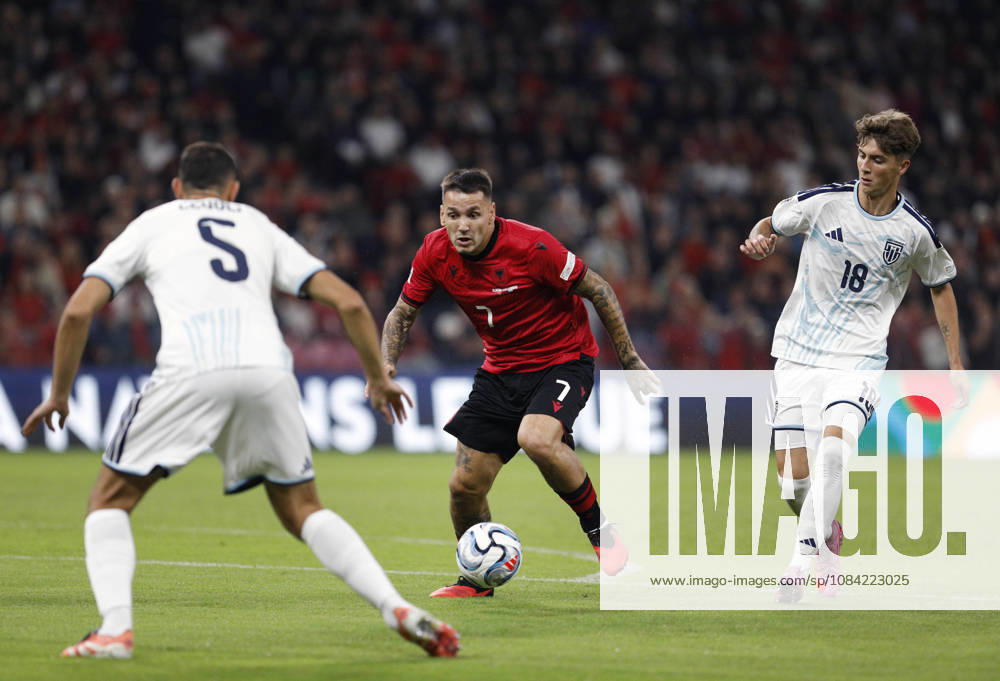UEFA Nations League Qualifier Albania vs San Marino in Tirana, Albania. Rei Manaj of Albania (C) fights for the ball with Enea Della Balda (R) of San Marino during the UEFA Nations League Group C match between Albania and Belarus at Air Albania Stadium in Tirana, Albania, on October 6, 2026. Light Studio Agency Malton Dibra Tirana Albania